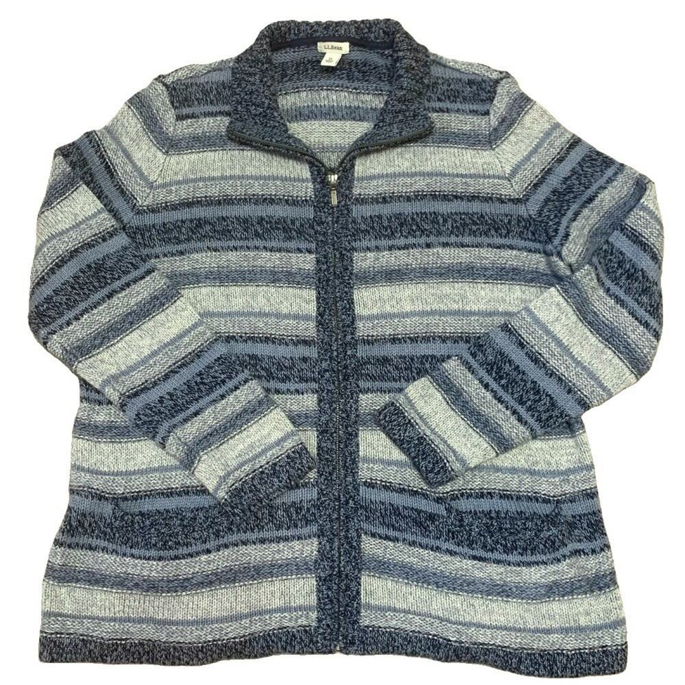 L.L.Bean Cardigan Sweater Full Zip Blue Striped Marled Knit Cotton 1X